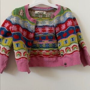 Boden Girls Multi-Color Patterned Knit Cardigan with Pink Trim